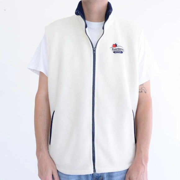 90S Teepee Blue And White Embroidered Vancouver Canada Zip Up Fleece Vest Medium - Picture 2 of 9